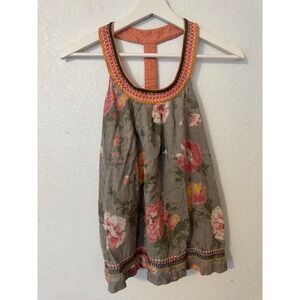 Americana by Eran‎ Rose Floral Tank Top Embroidered Trim Accents Gray M